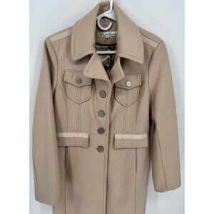 Vintage Beige Button-Up Wool Blend Coat With Pockets & Satin Lining